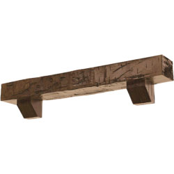 Rustic wooden fireplace mantel showcasing a natural finish, perfect for enhancing cozy interiors and adding a warm focal point to living spaces. Ideal for farmhouse or traditional decor styles.