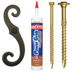 A selection of hardware items including screws, an adhesive tube, and a decorative hook, showcasing essential tools for home improvement and DIY projects.