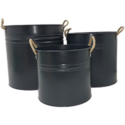 Three dark green metal buckets with rope handles, perfect for versatile outdoor use in yard and garden settings, adding a rustic touch to your gardening or landscaping projects.